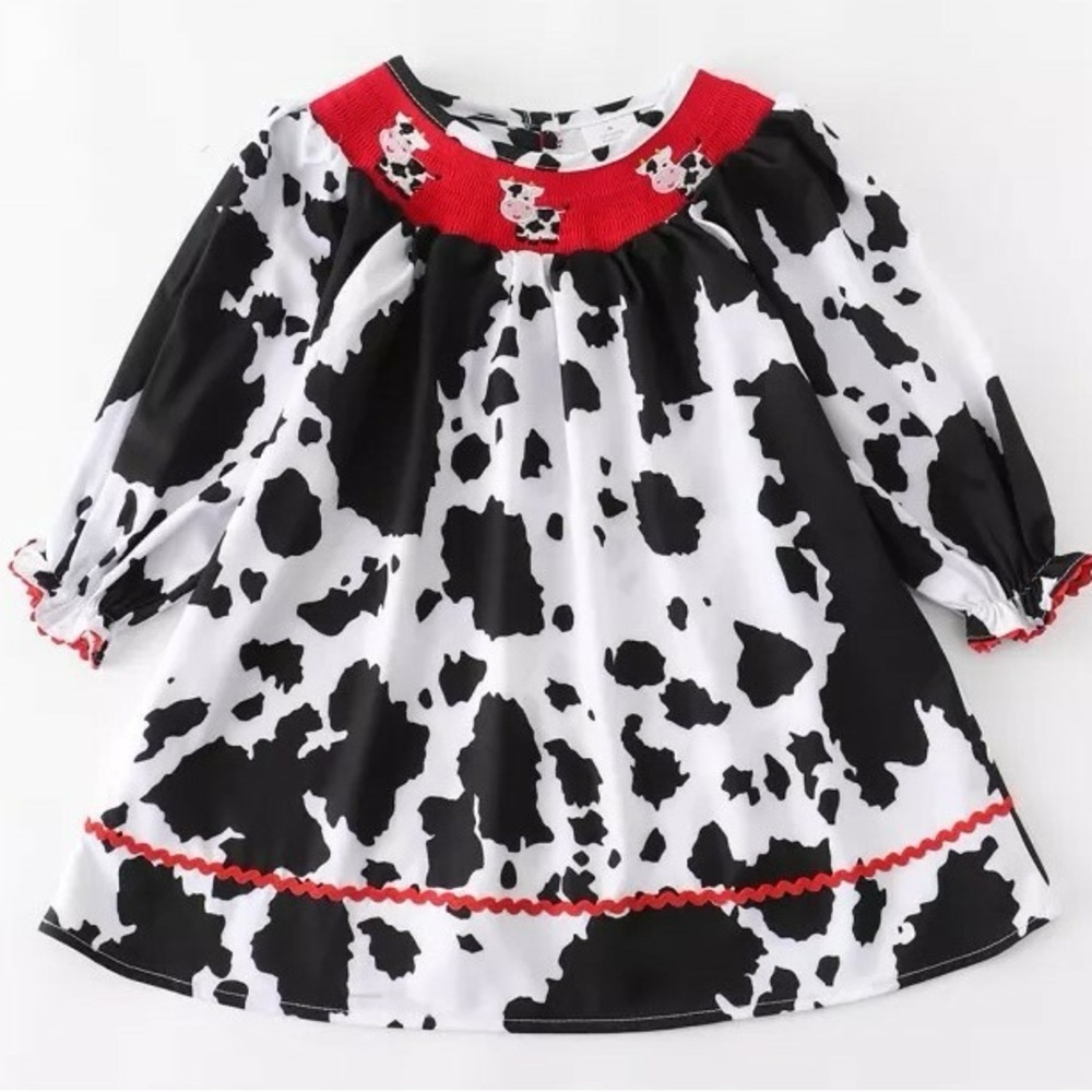 NWT Smocked Red, Black and White Cow Print Dress Sz 6-7/8